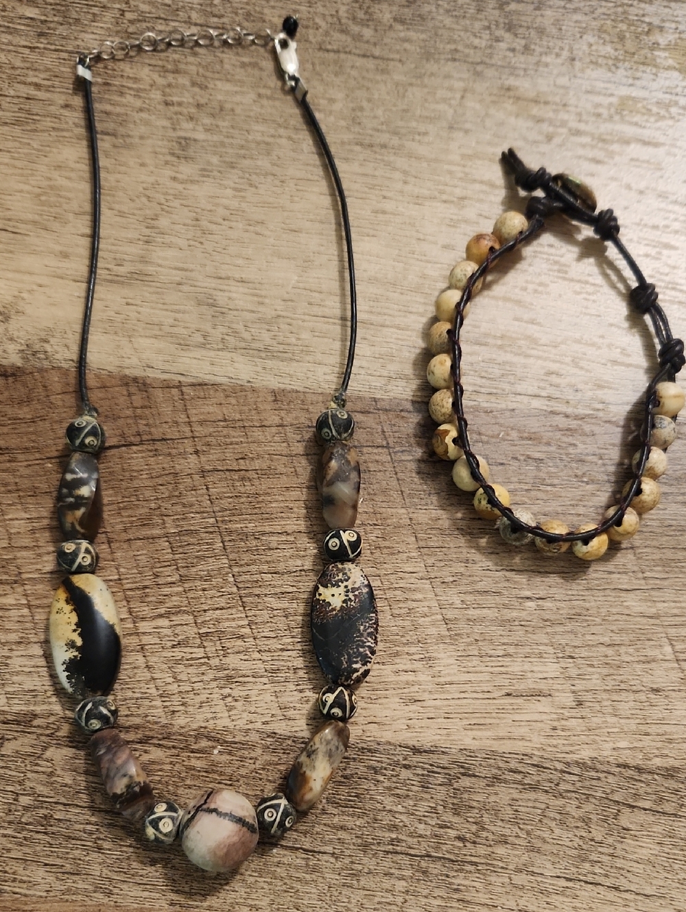 Natural Stone Bead Necklace and Bracelet Set - Beige Black